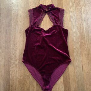 Body Suit Top L Velvet Burgundy Lace Trim Y2K Gothic Witchy Whimsigoth Romantic
